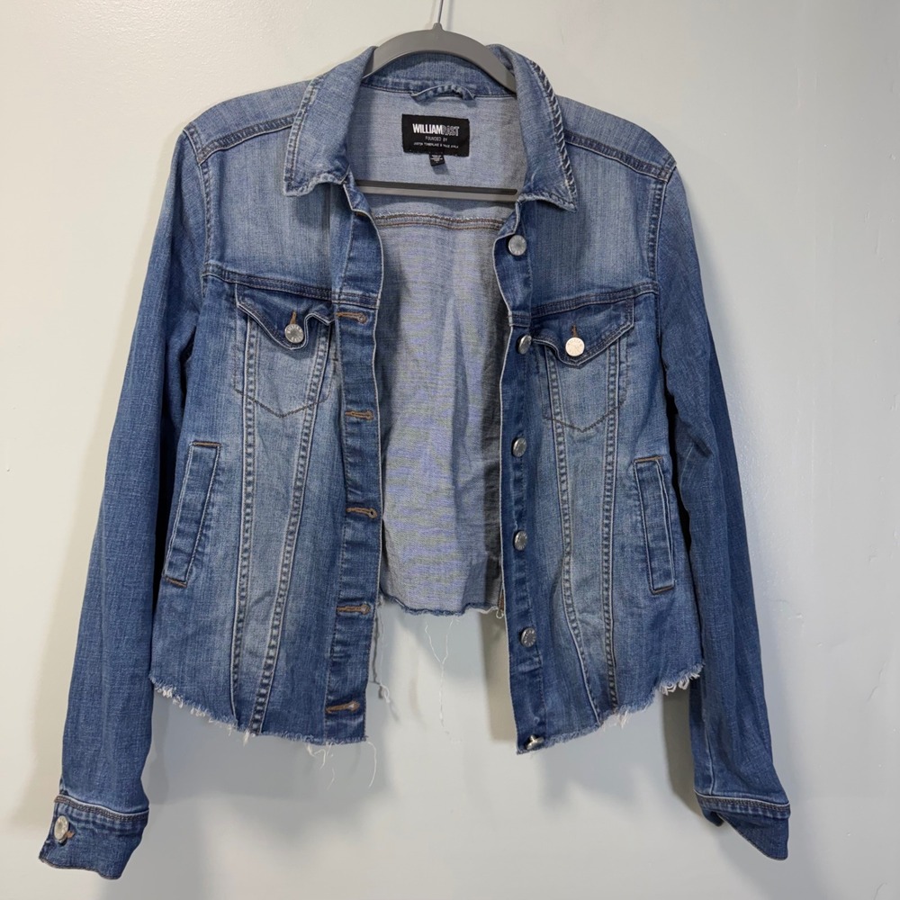 William Rast Womens Blue Denim Raw Hem Cropped Trucker Jacket Large